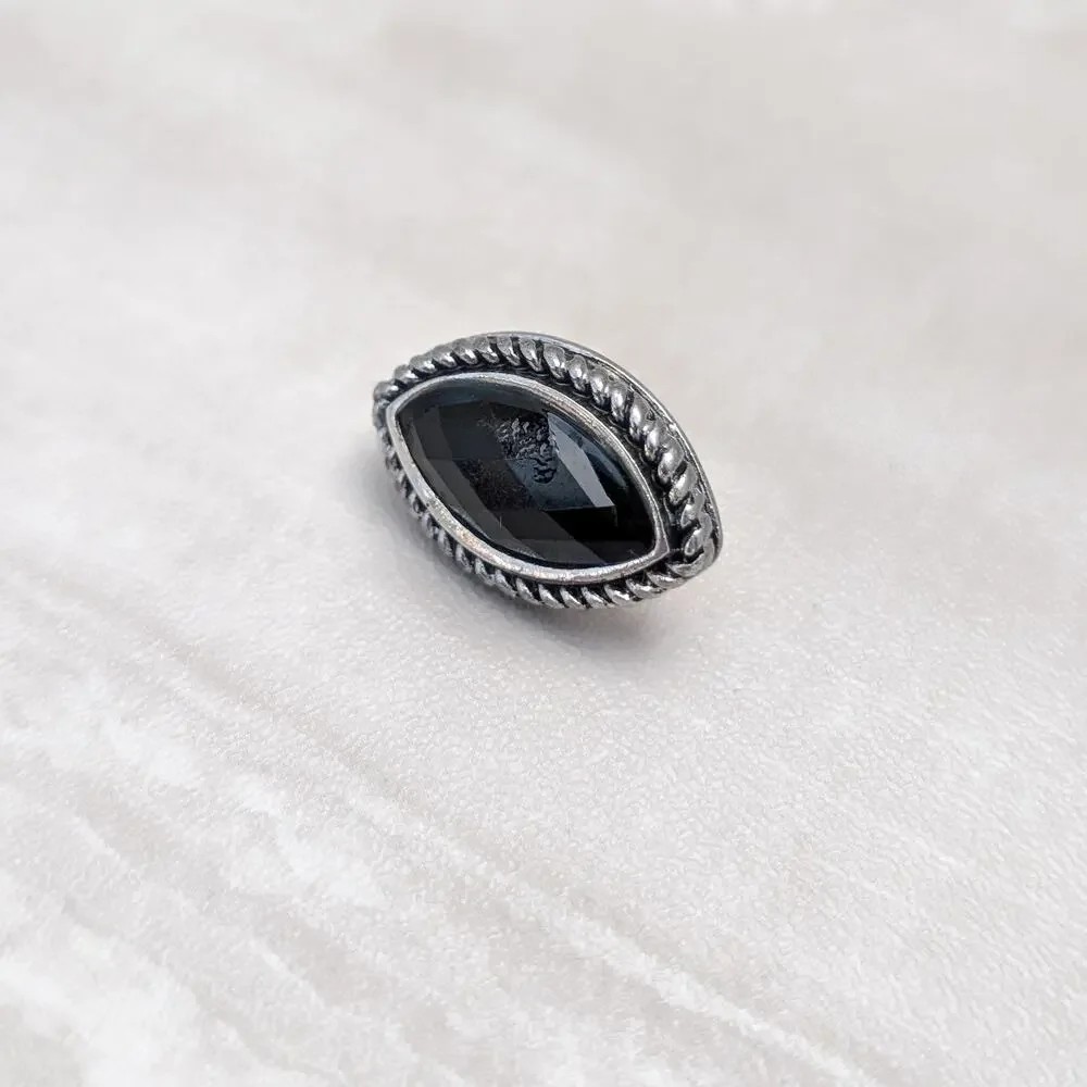 Vintage Clip On Earrings Stylish Pointed Oval Silver Tone with Faceted Black Gem
